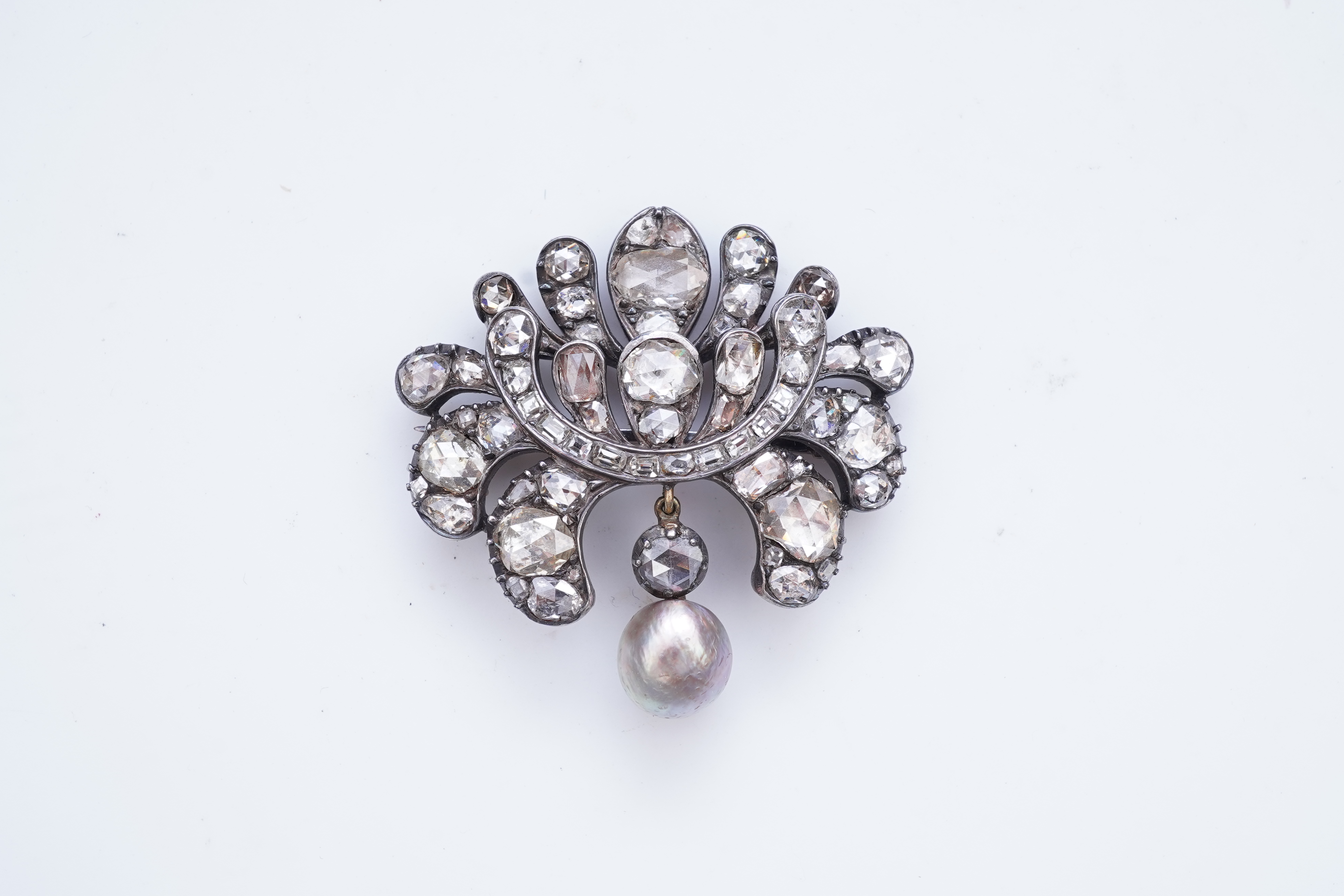 A rare diamond and natural pearl brooch, possibly Ottoman, early 19th century and later
